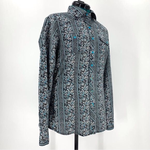 Cruel Black and Teal Floral Paisley Snap Closure Western Rodeo Shirt, Large - Picture 11 of 16